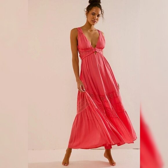 Free People Dresses & Skirts - Free People Hadlee Maxi M 8 Women's Casual Flared Crochet Boho Pink Dress 42526